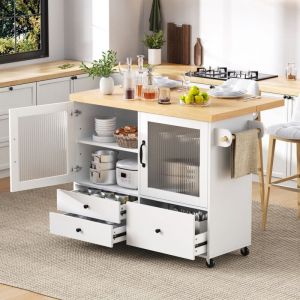 Desserte de cuisine &Icirc;lot mobile, plateau extensible, rangement avec porte verre d&eacute;poli et porte-verres, MDF, 100x42/70x91,5 cm, blanc/naturel