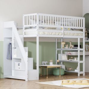 Dans Les Nuages - Lit mezzanine 90x200 cm, avec armoire, tiroirs, étagère, escalier de rangement, sommier à lattes en bois, lit combine enfant en
