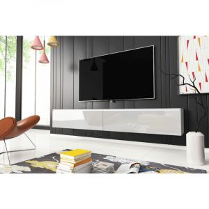 Bratex - Meuble tv Lowboard d 180 cm, meuble tv sans éclairage led, meuble tv suspendu, coloris blanc/blanc brillant