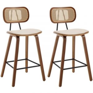 Tabouret de Bar Moderne Lot de 2 Chaise de Bar Bois et Dossier Rotin Tabouret Haute Bar Pied Bois Massif Chaise Bar Bois pour Central Îlot/Cuisine,