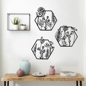 CCYKXA Deco Murale Metal,Fleurs Decoration Murale Metal,3 Pi&egrave;ces D&eacute;coration Murale en M&eacute;tal Noir,Minimalisme Art Ligne Fleur Murale Decorative pour