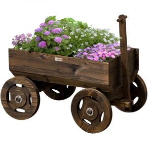 bac &agrave; fleurs design chariot en bois - laque noir, mobile, r&eacute;sistant &agrave; l'eau, marron