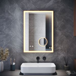 SIRHONA Armoires murales de salle de bain avec miroir LED, prise rasoir, miroir grossissant, fonction antibuée et 3 modes d'éclairage, porte simple