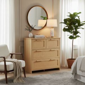 URBAN MEUBLE Buffet moderne &agrave; 4 tiroirs en effect bois et rotin tress&eacute; 4 tiroirs 80x38x80cm