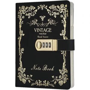 BEBUSINGOTO Carnet avec serrure &agrave; combinaison-agenda personnel avec cadenas-bloc-notes secret en cuir pu, taille 215150mm noir