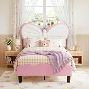 Lit Enfant Simple 90x190 cm - Lit Tapiss&eacute; avec Liseuse LED, T&ecirc;te de Lit R&eacute;glable Forme Papillon et Sommier &agrave; Lattes - Rose