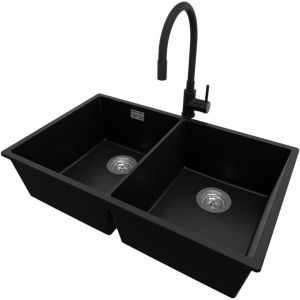 Primagran - Evier Sous Plan 76x47cm, Evier en Granit 2 bacs + Robinet 40x38cm + Kit de Vidage, Évier au meuble 80cm - London Twin, Noir