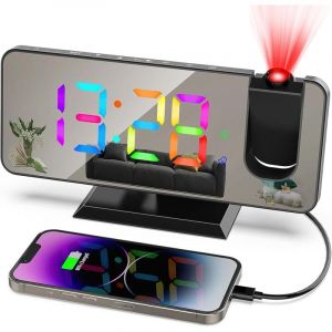 Reveil Projecteur Réveil Horloge Digitale Horloge Numérique avec Port de USB, 5 Niveaux de Luminosité Réglables, Double Alarme, Snooze, 12/24h,