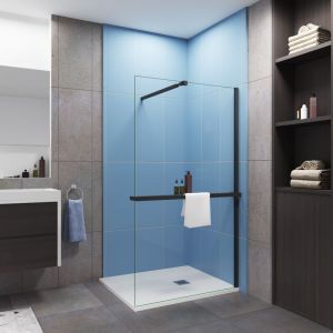 Paroi de douche &agrave; l'italienne 100x200cm install&eacute; avec une barre de fixation noir 73-120cm extensible,livr&eacute; avec &eacute;tag&egrave;re de douche noir