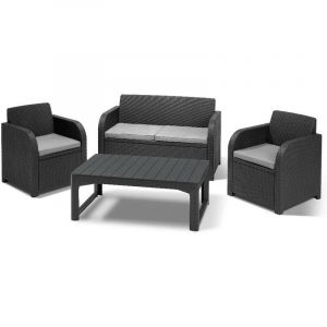 Keter Set 2 Fauteuils + Canapé + Table Basse Ouverte Relevable CAROLINA LOUNGE Graphite