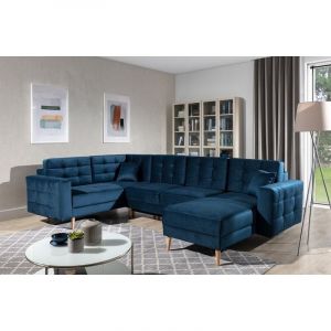Venesetti - Canap&eacute; panoramique convertible - asma velours - en tissu de qualit&eacute; 5 places, bleu fonc&eacute;, m&eacute;ridienne &agrave; droite et angle &agrave; gauche (vu de