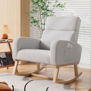 Fauteuil &agrave; bascule, fauteuil allaitement, avec accoudoirs, 2 poches lat&eacute;rales, dossier inclinable, pieds en bois massif, tissu Sherpa, fauteuil
