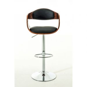 CLP &ndash; Set de 2 tabourets de bar R&Eacute;TRO KINGSTON &ndash; Noyer et similicuir noir &ndash; Hauteur r&eacute;glable 63-77 cm &ndash; Si&egrave;ge pivotant 360&deg; &ndash; Charge max 120 kg