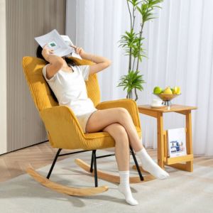 Rocking chair, Fauteuil &agrave; bascule en polaire berb&egrave;re avec accoudoir et patins en bois, jaune