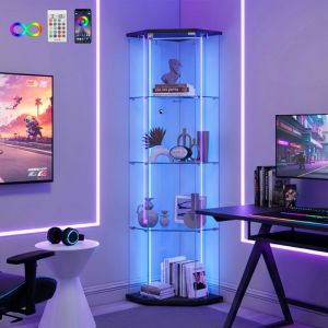 Vitrine en verre 4 &eacute;tages 162x42.5x60 cm &ndash; Vitrine de collection avec design pentagonal, &eacute;clairage LED, protection anti-basculement, vitrine pour