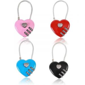 Lot de 4 cadenas en forme de c&oelig;ur, mini serrure &agrave; code, c&acirc;ble m&eacute;tallique, code &agrave; 3 chiffres, cadenas &agrave; combinaison, cadenas pour couple, mot de passe