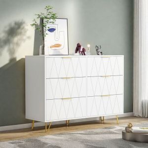 Commode 100x34x72.5 cm, Buffet Blanc avec 6 Tiroirs, Meuble de Rangement avec Poign&eacute;es et Pieds en M&eacute;tal pour Chambre, Salon, Bureau