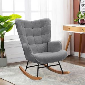Rocking chair, rocking chair en molleton Teddy, dossier haut, chaise de relaxation, design touffet&eacute;, ch&acirc;ssis en m&eacute;tal hybride et bois massif, gris