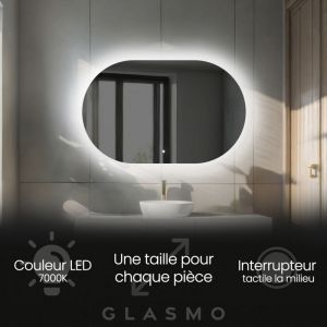 Foram - Miroir Salle de Bain led 90x60 cm Ariana - Horizontal Ovale Miroir Mural Avec &Eacute;clairage Int&eacute;gr&eacute; Miroir Lumineux - Blanc Froid 7000 k avec
