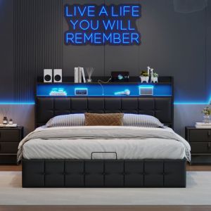lit coffre 140x190,lit 140x190,lit adult,T&ecirc;te de lit avec rangement et chargement USB,lumi&egrave;res LED,Dossier souple,PU,noir