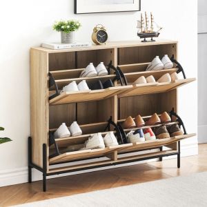 Meuble à chaussures étroite avec 4 rabats - Étagère à chaussures en rotin naturel avec 8 étagères réglables - Commode à chaussures pour couloir,