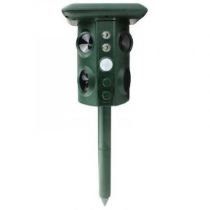 Un puissant r&eacute;pulsif &agrave; ultrasons solaire qui, gr&acirc;ce &agrave; sa fr&eacute;quence r&eacute;glable, repousse les chats, rongeurs, oiseaux et autres animaux d'ext&eacute;rieur.