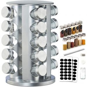 Présentoir à Épices,360°Étagères Rotatives,430 Acier Inoxydable Carrousel,Support de Stockage d'épices,20 Pots en Verre avec Capuchon, Rangement