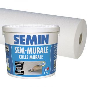 Colle pour toiles de verre en pâte Semin seau 5 kg et toile de verre pour murs et plafonds Sem Crepi Eco c 103 - Motif Crépi - 50 m x 1 m