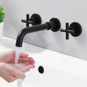 Robinet de lavabo mural, 3 trous encastr&eacute;s, robinet de lavabo de salle de bain, noir