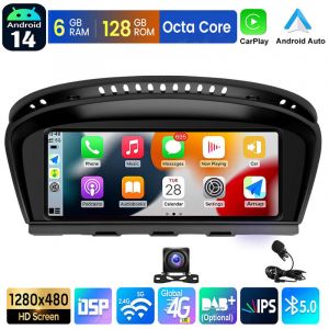 Autoradio Apple CarPlay Android 14 pour BMW S&eacute;rie 5 E60 E61 E90 GPS BT WIFI - 6+128G MIC CAM
