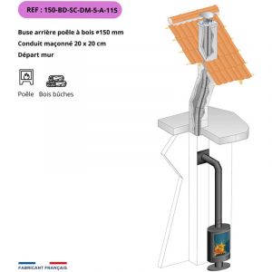 Kit tubage et raccordement poele a bois, buse diam. 150mm sortie dessus-Flexible l. 5m pour boisseau carre, depart mur-Raccordement coude, l. max