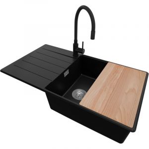 PRIMAGRAN Evier Cuisine en Granit 90x50cm, Lavabo 1 bac + Robinet 40x38cm + Kit de Vidage + Accessoire, Évier à Encastrer au meuble 60cm