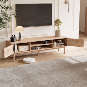 Nmonet - Meuble tv 150 cm, 2 portes, 2 compartiments, pieds en bois massif, coloris bois, style scandinave - Naturel