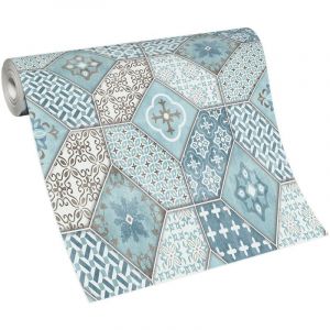 Papier peint tendance bleu & marron à motif géométrique Tapisserie moderne design carreaux de ciment Papier peint imitation carrelage pour cuisine