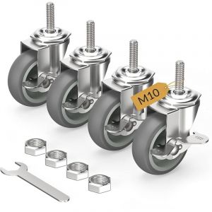 Roulettes pour meubles 75 mm avec freins, M10 x 1,5 x 30 mm Lot de 4 roulettes pivotantes à tige filetée - Roulettes charge lourde verrouillables Gris