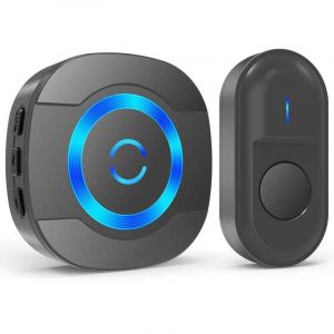 Sonnette de Porte sans Fil 300M IP55 &Eacute;tanche Carillon Electronique avec R&eacute;cepteur Enfichable pour la Maison 55 M&eacute;lodies led Noir