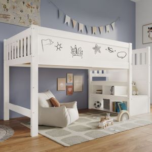 Lit mezzanine 90x200cm escalier avec rangements MDF et bois garde corps s&eacute;curis&eacute; blanc (Sans matelas)