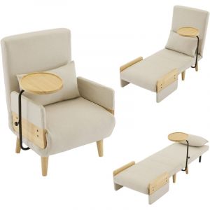 Roomfitters Fauteuil convertible 3-en-1 avec fonction lit, fauteuil lounge avec tablette en bois et assise rembourrée, Beige