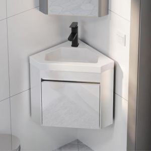 UEV - Meuble Lave-Mains d'Angle, avec Robinet, Cabinet de Rangement, Meuble de Lavabo d'Angle, Petit Meuble Suspendu, Blanc, 56 x 30 x 68 cm
