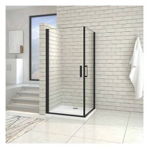 Aica Sanitaire - aica cabine de douche noire 90x90cm porte de douche pivotante noir en 8mm verre anticalcaire hauteur:200cm