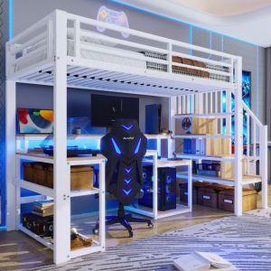 Lit mezzanine 90x200 cm, lit enfant avec bureau, LED et USB, rangements escalier, sans matelas, protection antichute, structure m&eacute;tal blanc