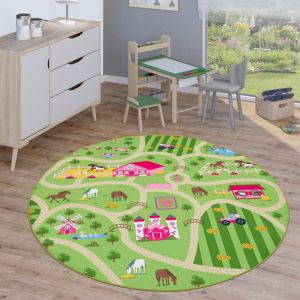 Paco Home Tapis Enfant Tapis Rond Chambre Enfant Tapis De Jeux Tapis Enfant Route Moderne Vert, 160 cm rond