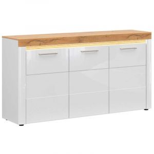 Commode Buffet &agrave; 3 portes avec &eacute;clairage LED coloris Ch&ecirc;ne dor&eacute;/Blanc haute brillance - Longueur 170 x Profondeur 42 x Hauteur 90 cm