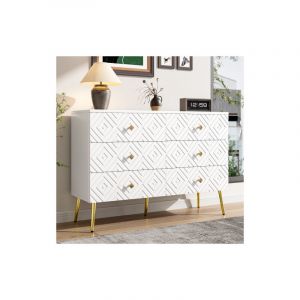 Commode blanche &agrave; 6 tiroirs, buffet avec pieds en m&eacute;tal pour chambre et salon, 120x40x80 cm