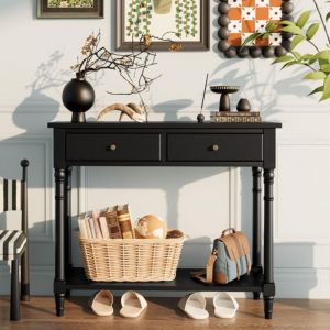 PADMA HOUSE Console Meuble en Bois Massif avec 2 tiroirs Table Console avec &eacute;tag&egrave;re de Console d'entr&eacute;e de Hall d'entr&eacute;e &eacute;troite pour 2 Niveaux Table