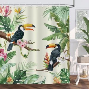 Rideau de Douche Tropicale Toucan Oiseaux Feuilles Rideau de Bain Tissu Polyester Anti Moisissure Imperméable Lavable Rideau Salle de Bain 180 x 180