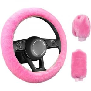 NOLUXA 3 Pi&egrave;ces Couverture de Volant de Voiture Anti-D&eacute;rapant &Eacute;lastique Housse de Volant Universelle de Voiture en Peluche Rose avec Housse Frein &agrave;