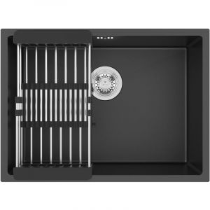 Vier Cuisine 1 Bac 60 x 44 x 20 cm Évier sous plan Gris-noir avec Égouttoir panier et Ensemble de Drainage