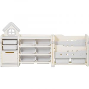 Mophorn Meuble de rangement pour jouets &agrave; 4 niveaux avec biblioth&egrave;que int&eacute;gr&eacute;e, &eacute;tag&egrave;re avec 10 bacs en plastique amovibles, id&eacute;al pour salle de