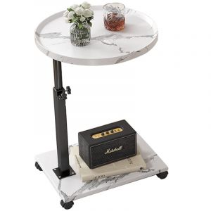 Sinbinta - Table d'appoint en forme de c avec roulettes, table basse moderne réglable en hauteur, petite table d'appoint en bois rotative à 360°,